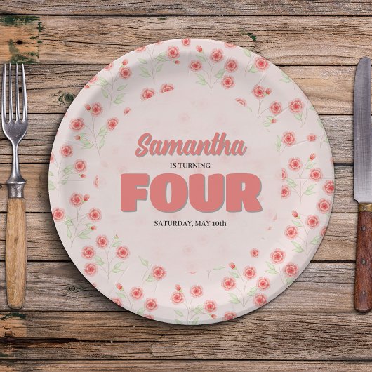 Assiettes En Carton Pink Floral Fourth Birthday Girl Party Custom