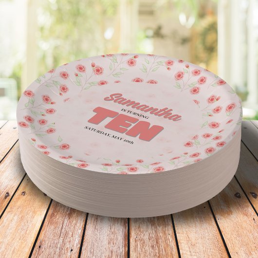 Assiettes En Carton Pink Floral Tenth Birthday Girl Party Custom