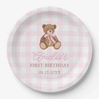 Assiettes En Carton Pink Gingham Teddy Bear Beary First Birthday