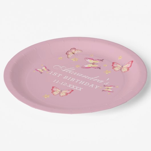 Assiettes En Carton Pink Girl Whimsical Butterfly 1er Anniversaire (Angle)