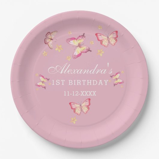 Assiettes En Carton Pink Girl Whimsical Butterfly 1er Anniversaire (Devant)