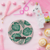 Assiettes En Carton Pink & Green Palm Feuille Motif & nom (Fête)