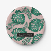 Assiettes En Carton Pink & Green Palm Feuille Motif & nom (Devant)