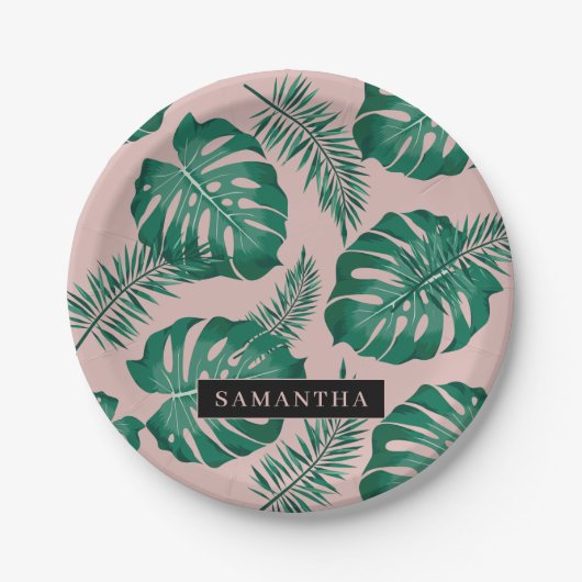 Assiettes En Carton Pink & Green Palm Feuille Motif & nom (Devant)
