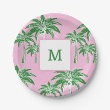 Pink Green Palm Tree Preppy Monogramme d'été 7 pou