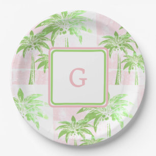 Assiettes En Carton Pink Green Palm Tree Preppy Ombre Carré Monogramme