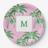 Assiettes En Carton Pink Green Palm Tree Preppy Summer Beach Monogramm (Devant)