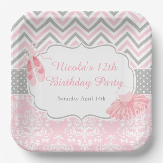 Assiettes En Carton Pink & Grey Chevron Ballerina Anniversaire (Recto)