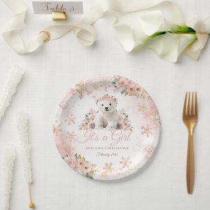 Assiettes En Carton Pink hiver White Bear C'est un Baby shower fille