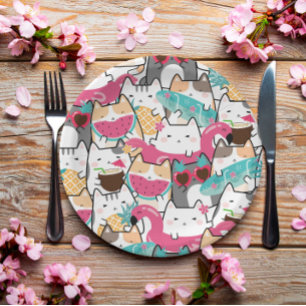 Assiettes En Carton Pink Kawaii Cats Pool Party Anniversaire