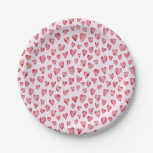 Assiettes En Carton Pink Love Heart Watercolor Motif