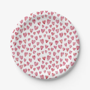 Assiettes En Carton Pink Love Heart Watercolor Motif