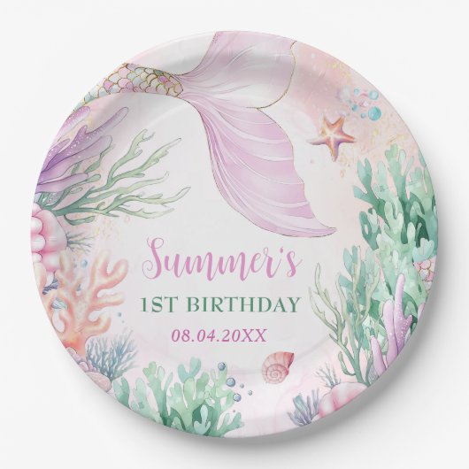 Assiettes En Carton Pink Mermaid 1st Birthday Oneder The Sea (Devant)