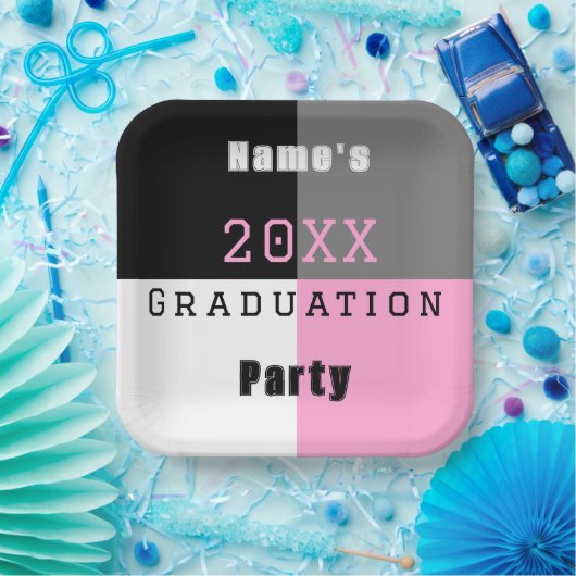 Assiettes En Carton Pink, noir et blanc fête de graduation personnalis (Fête)