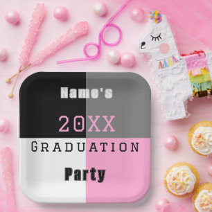 Assiettes En Carton Pink, noir et blanc fête de graduation personnalis