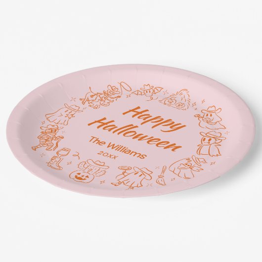 Assiettes En Carton Pink Orange Quirky Main Glissé Happy Halloween (Angle)