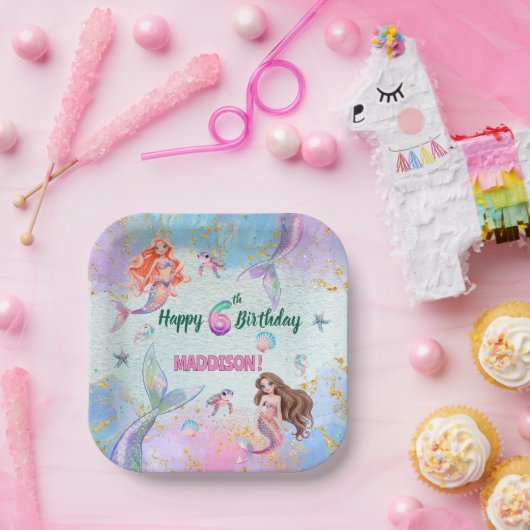 Assiettes En Carton Pink Purple Glitter Mermaids 6th Birthday Party (Fête)