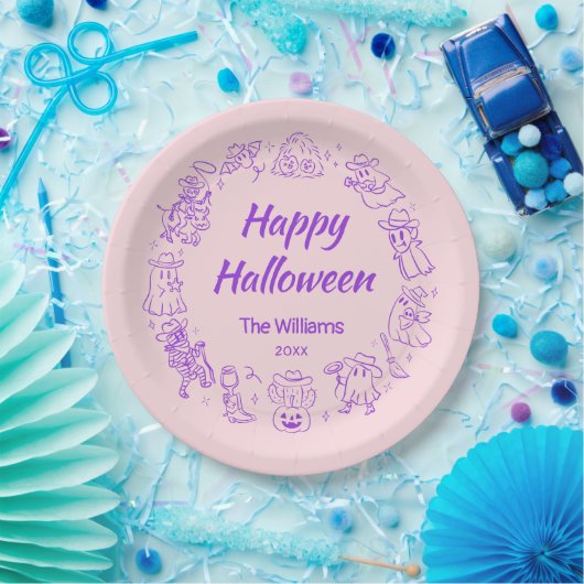 Assiettes En Carton Pink Purple Mains Quirky Tiré Joyeux Halloween (Fête)