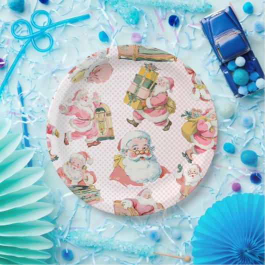 Assiettes En Carton Pink Retro Santa Claus Thème, Noël (Fête)