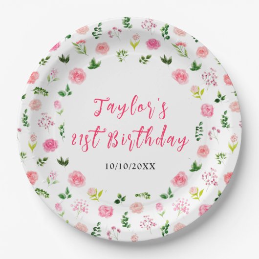 Assiettes En Carton Pink Roses Floral Birthday (Devant)