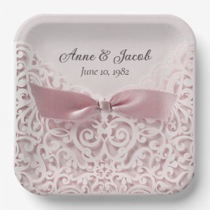 Assiettes En Carton Pink Satin Bow sur dentelle pour Anniversaire