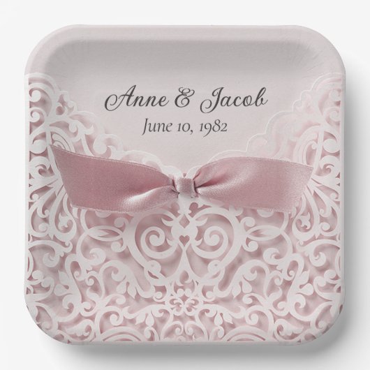 Assiettes En Carton Pink Satin Bow sur dentelle pour Anniversaire (Recto)