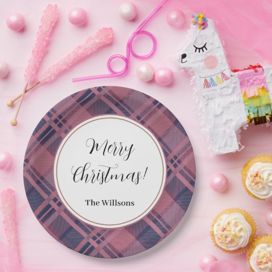 Assiettes En Carton Pink Scottish Lady Tartan Motif Joyeux Noël (Fête)