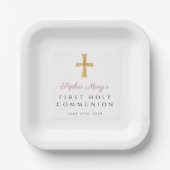 Assiettes En Carton Pink Script Cross Boy First Communion (Recto)