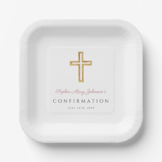 Assiettes En Carton Pink Script Religious Cross Girl Confirmation (Recto)