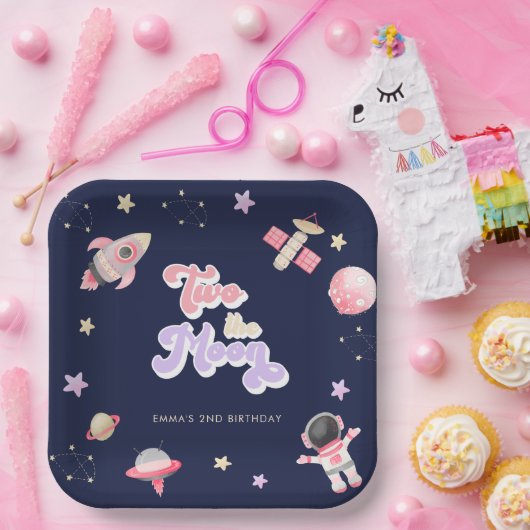 Assiettes En Carton Pink Space Two Moon Anniversaire (Fête)