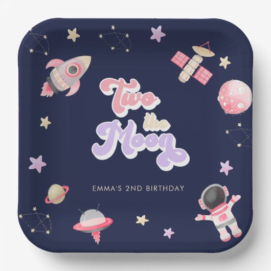 Assiettes En Carton Pink Space Two Moon Anniversaire (Recto)