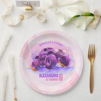 Assiettes En Carton Pink Sparkle and Crash Monster Truck Girl Birthday