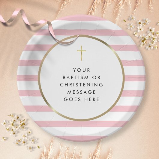 Assiettes En Carton Pink Stripe Gold Cross Baptême Message de Christen