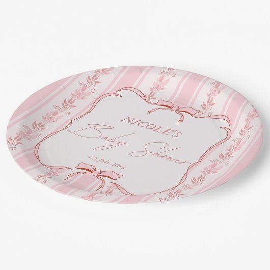 Assiettes En Carton Pink stripes retro bow border elegant baby shower (Angle)
