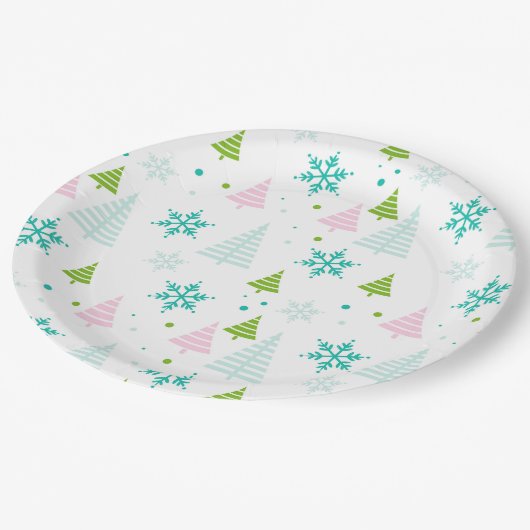 Assiettes En Carton Pink Teal Green Trees Modern Christmas  (Angle)