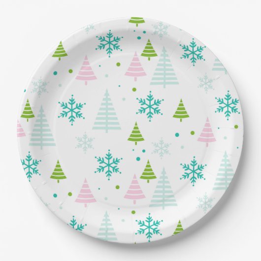 Assiettes En Carton Pink Teal Green Trees Modern Christmas (Devant)