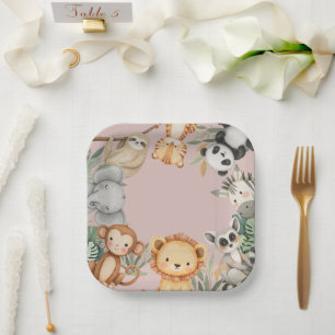 Assiettes En Carton Pink Tropical Wild One Jungle Safari Animaux