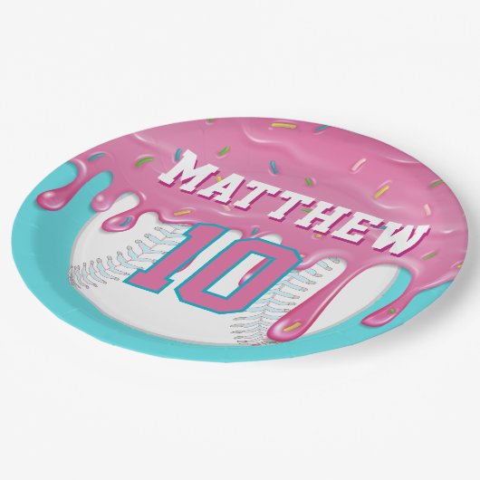 Assiettes En Carton Pink & Turquoise Baseball Drip Birthday Party (Angle)