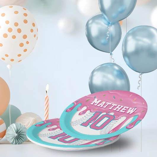 Assiettes En Carton Pink & Turquoise Baseball Drip Birthday Party