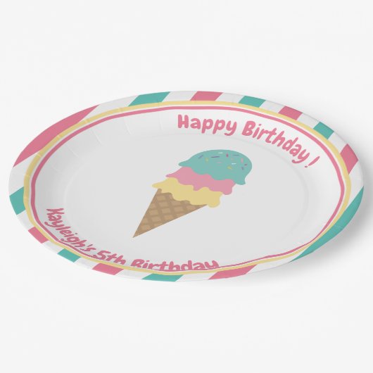 Assiettes En Carton Pink Turquoise rayures glacée crème pour enfants (Angle)