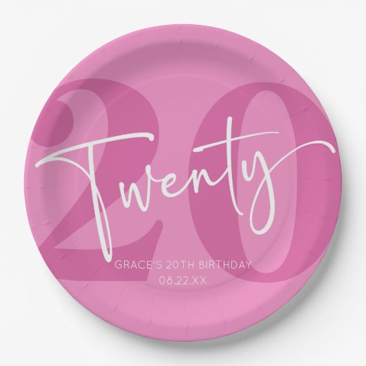 Assiettes En Carton Pink Vingt-vingtième 20e fête d'anniversaire (Devant)
