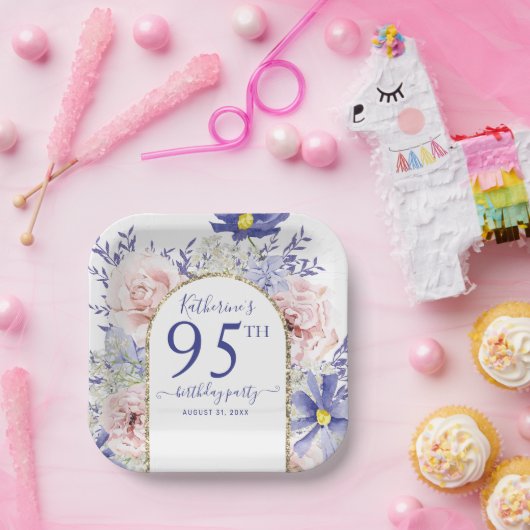 Assiettes En Carton Pink violet Floral God Frame 95e fête d'anniversai (Fête)