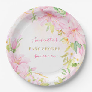Assiettes En Carton Pink Watercolor Flowers Boho Baby Girl Baby shower