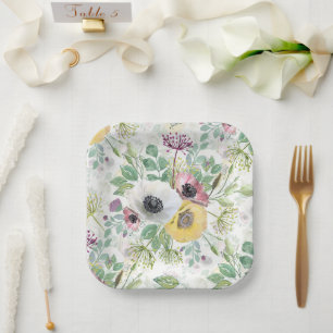 Assiettes En Carton Pink, white and yellow anemones.  paper plates