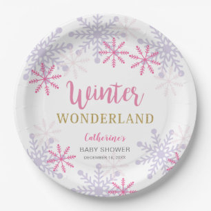 Assiettes En Carton Pink Winter Wonderland Baby shower Snowflakes Girl
