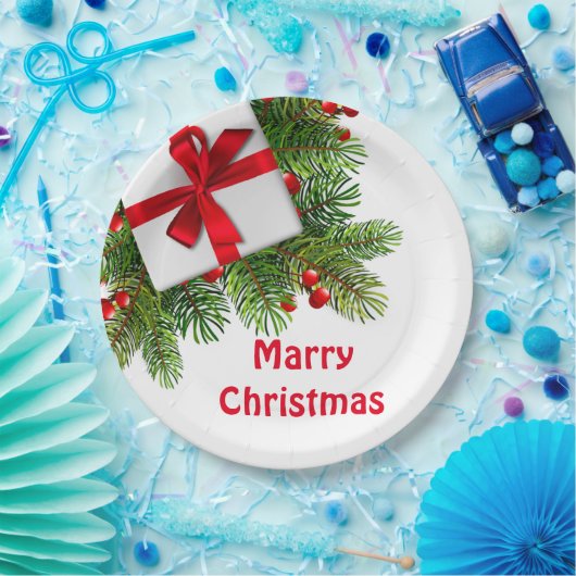 Assiettes En Carton Pins de Noël avec blanc Présent Rouge (Fête)