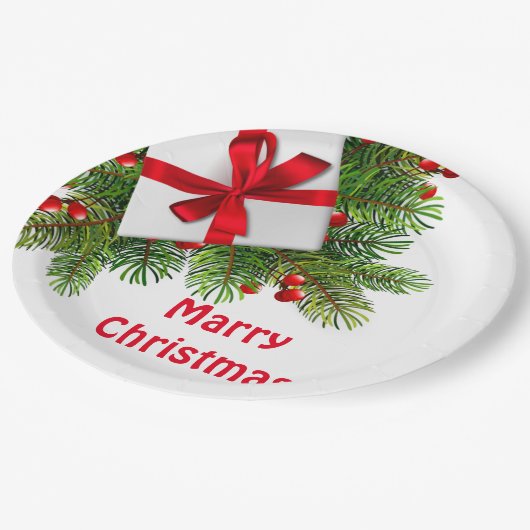 Assiettes En Carton Pins de Noël avec blanc Présent Rouge (Angle)