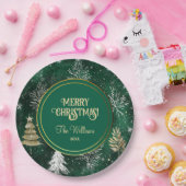 Assiettes En Carton Pins d'or Silver Snowflakes Hunter Green (Fête)