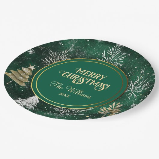 Assiettes En Carton Pins d'or Silver Snowflakes Hunter Green (Angle)
