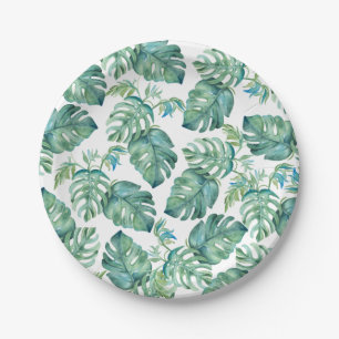 Assiettes En Carton Pique-nique d'aquarelle Tropical Green Palm Feuill